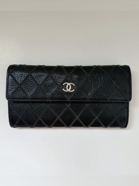 Authentic Chanel Wild Stitch Long Wallet-Black Bi-Fold